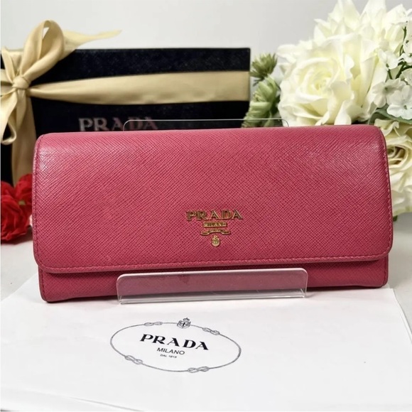 Prada Handbags - Prada Long Wallet Pink Calfskin Saffiano Leather Pionia Pink
